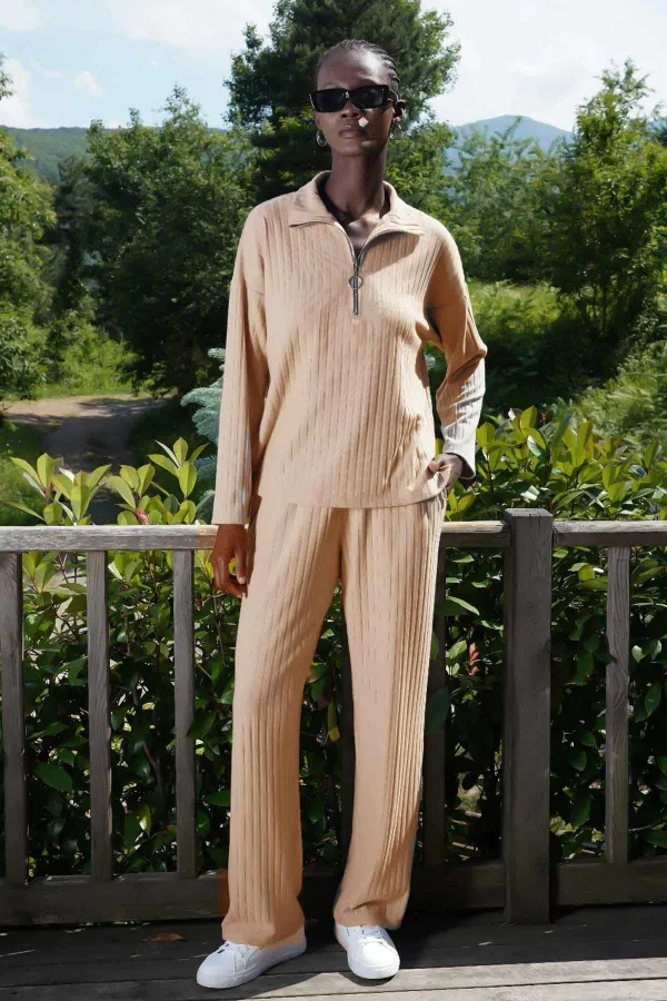 Mısırlı Kadın Likralı Viskon Fitilli Eşofman Takımı Bej