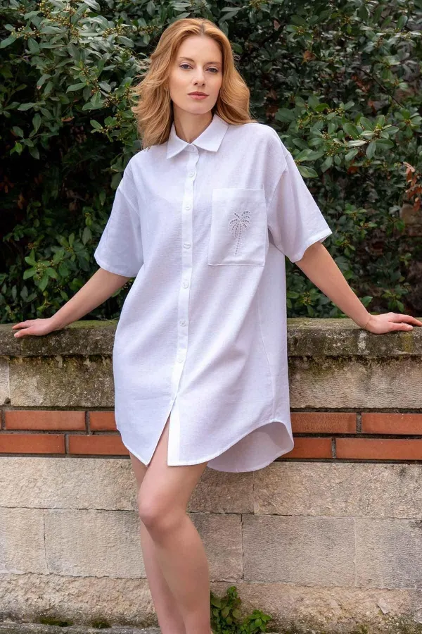 Mısırlı Kadın Pamuklu Kısa Kol Elbise Beyaz