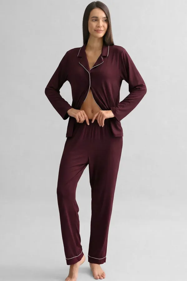 Bas de pyjama en bambou pour femme, style égyptien, avec taille élastique, bordeaux