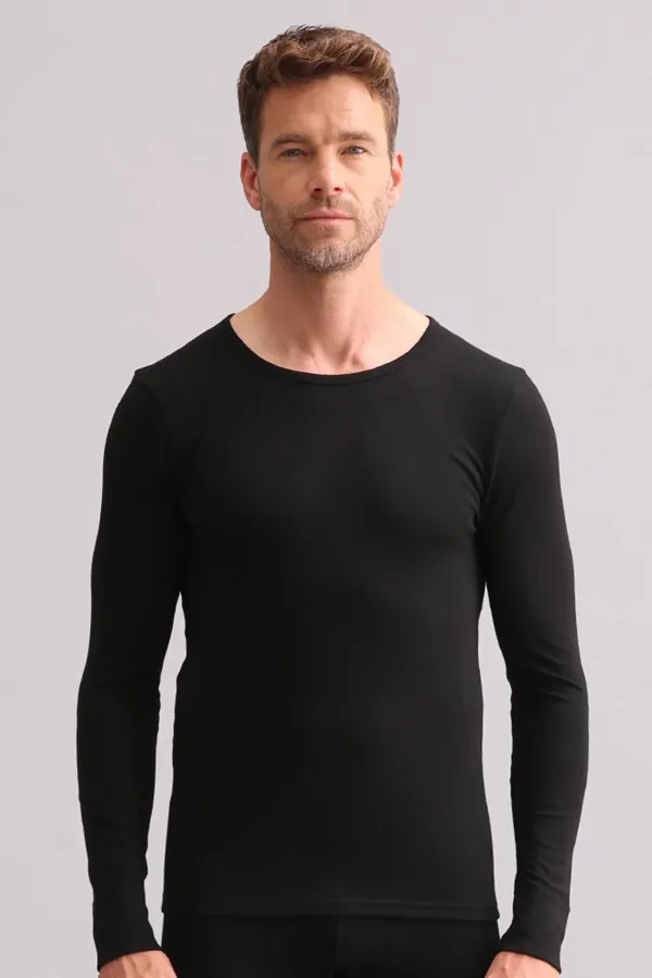 Sous-vêtement/sweat-shirt thermique noir en bambou égyptien à col rond et manches longues