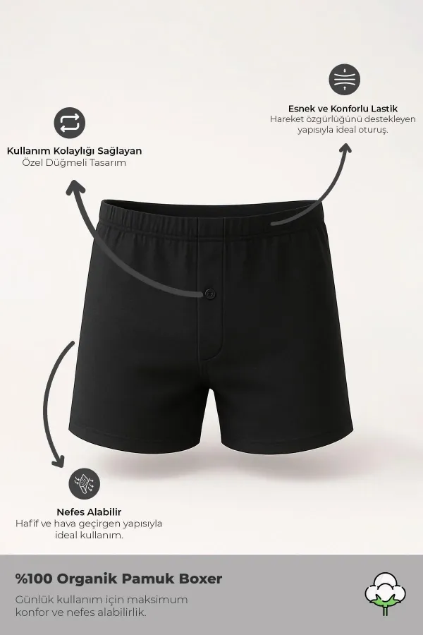 Mısırlı ORGANIC Pamuklu Relaks Loose Fit Düğmeli Ekstra Bol Kesim Uzun Paçalı Boxer Şort Siyah