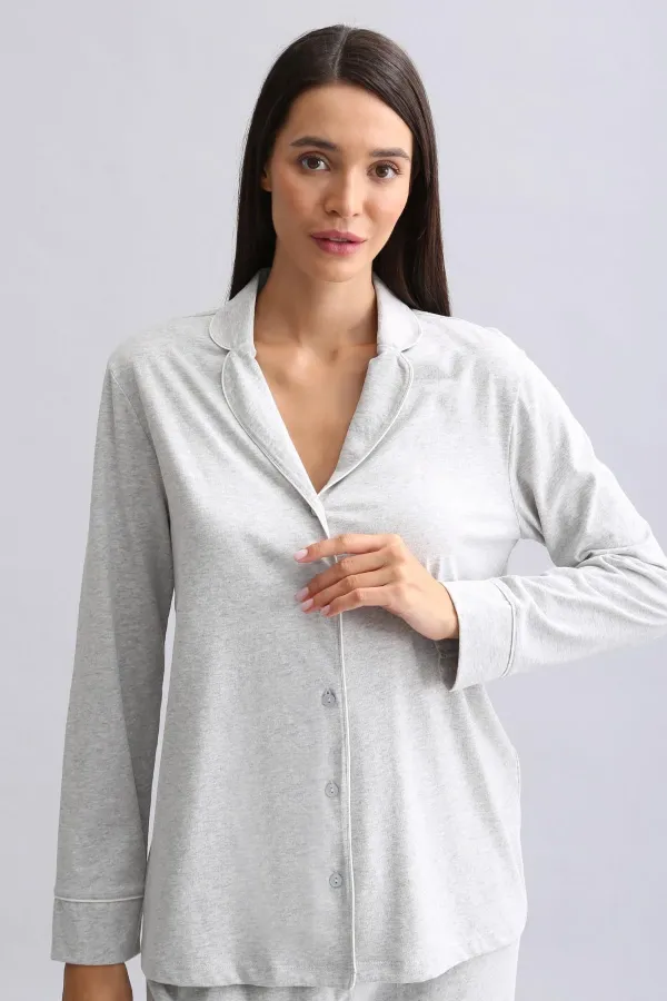 Mısırlı Kadın %100 Pamuk Pijama Takımı Gri Melanj