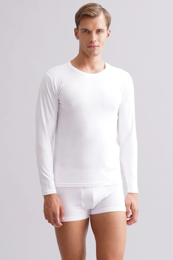 Mısırlı Modal By TENCEL HERCULES Slim Fit Bisiklet Yaka Uzun Kollu Fanila / T-Shirt Beyaz