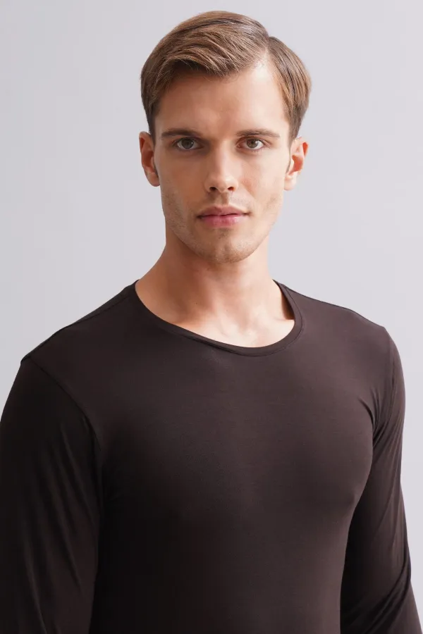 Mısırlı Modal By TENCEL HERCULES Slim Fit Bisiklet Yaka Uzun Kollu Fanila / T-Shirt Kahverengi