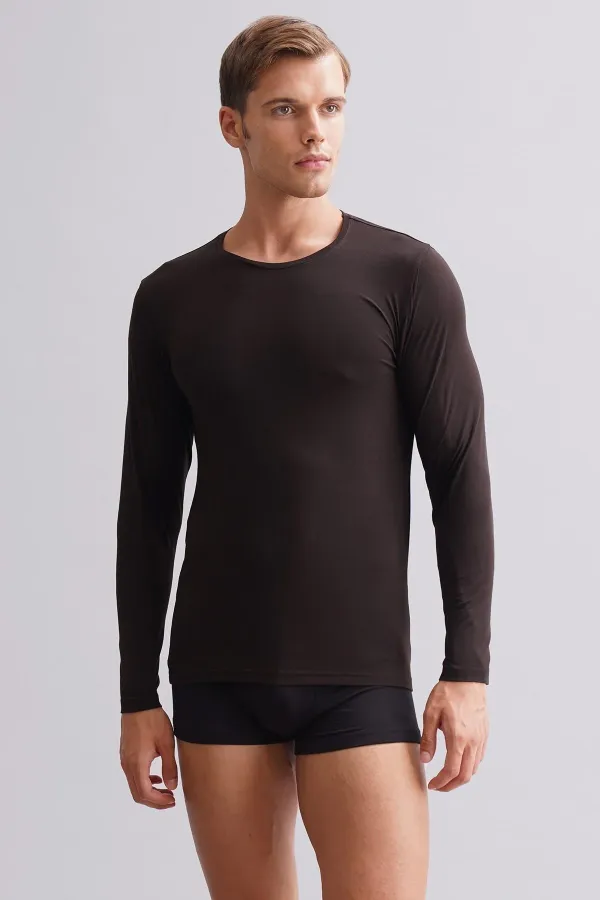 Mısırlı Modal By TENCEL HERCULES Slim Fit Bisiklet Yaka Uzun Kollu Fanila / T-Shirt Kahverengi