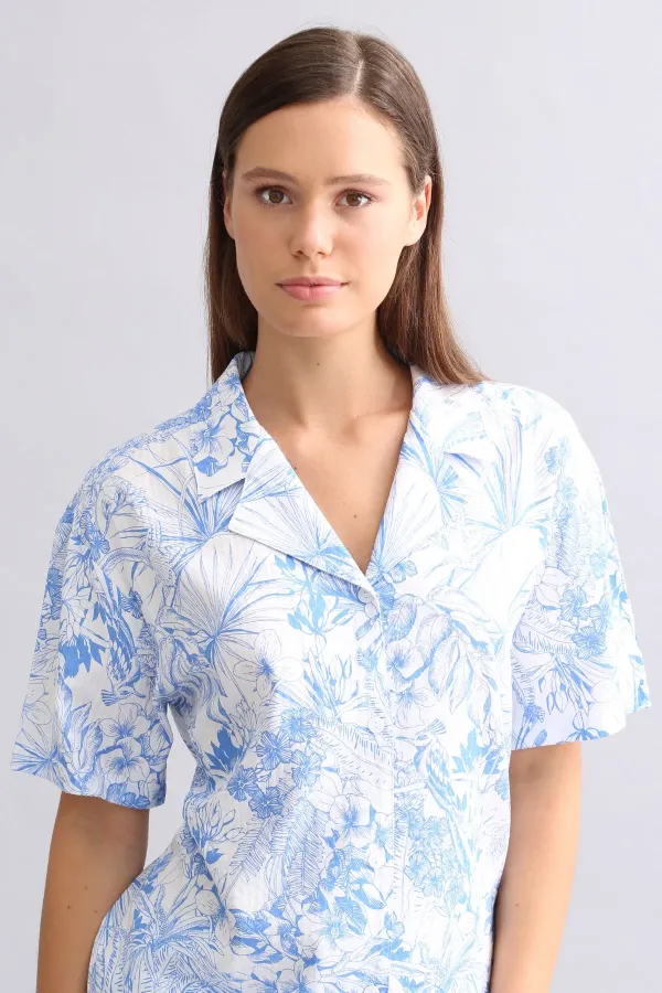 Mısırlı Kadın Pamuk Gömlek Şort Takım Mavi