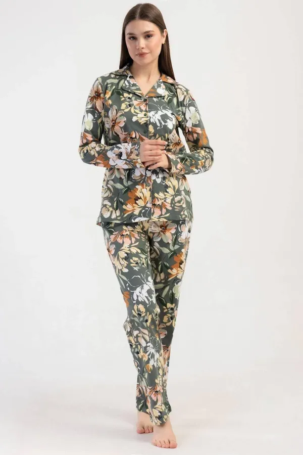 Ensemble pyjama vert en coton à manches longues pour femme, motif floral, style égyptien.