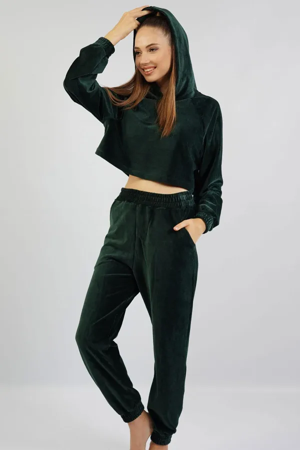 Mısırlı Kadın Kadife Uzun Kollu Pijama Takımı Haki