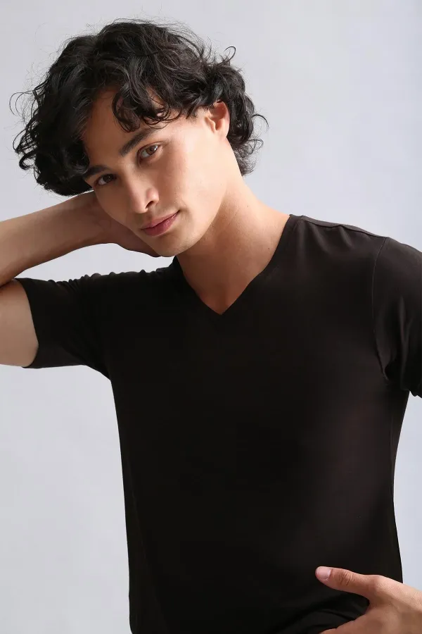 Débardeur/T-shirt à col en V slim fit en bambou égyptien Hercules, marron