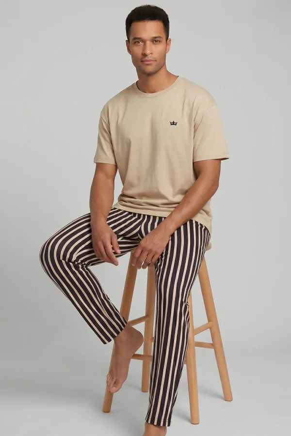 Egyptian Men's Cotton Striped Pajama Set Beige-Dark Brown Egyptian Men's Cotton Striped Pajama Set Beige-Dark Brown