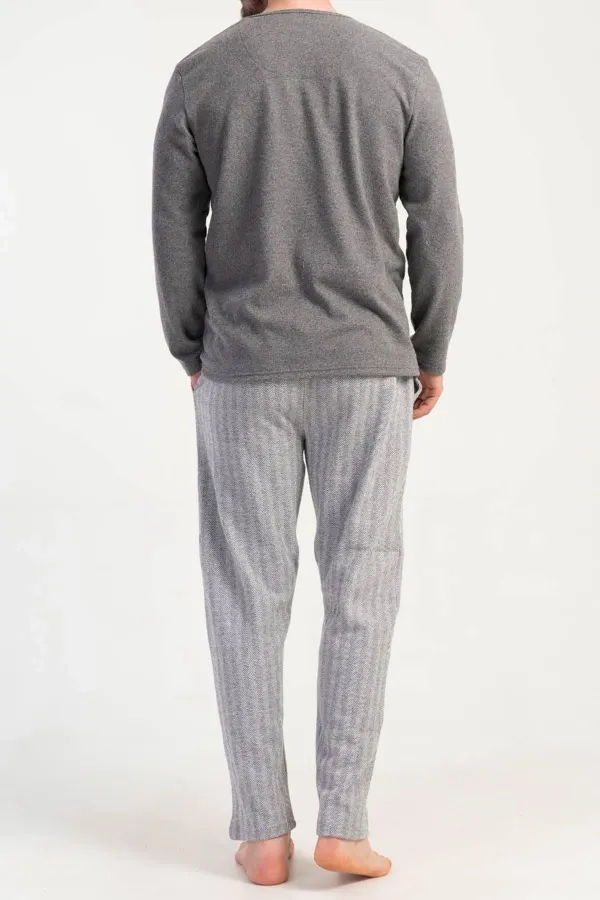 Ensemble de pyjama à manches longues rayé en maille interlock pour homme, gris, de style égyptien
