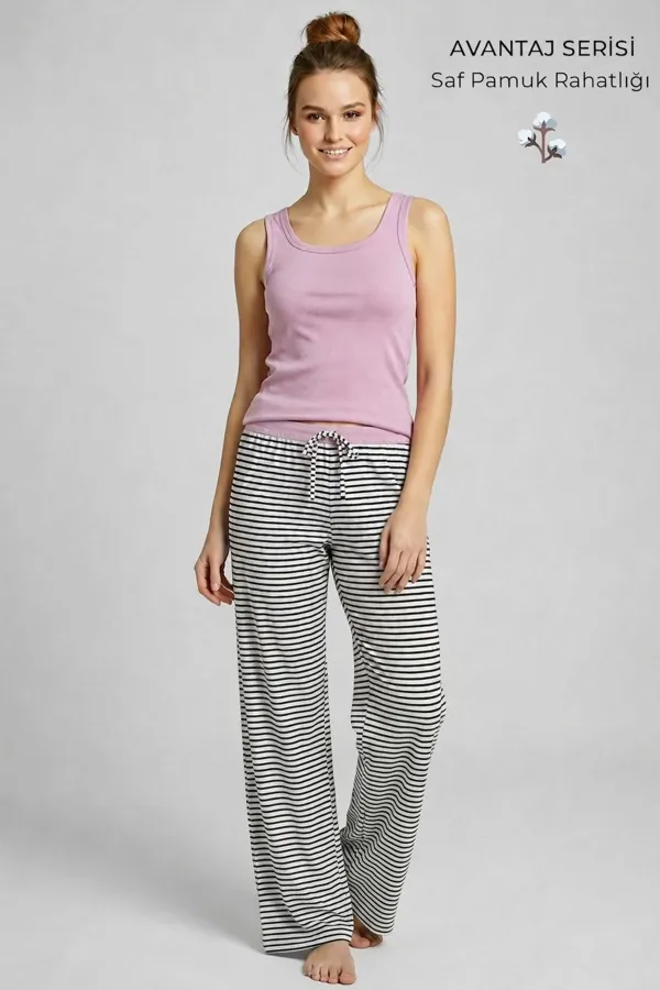 Ensemble pyjama rayé en coton pour femme, style égyptien, lilas/noir