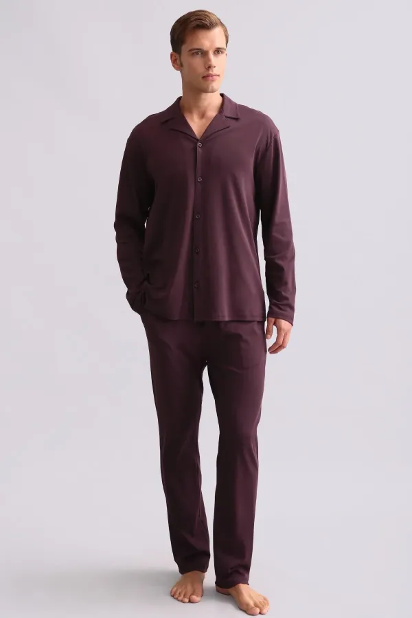 Ensemble chemise et pyjama en coton pour homme, bordeaux, style égyptien