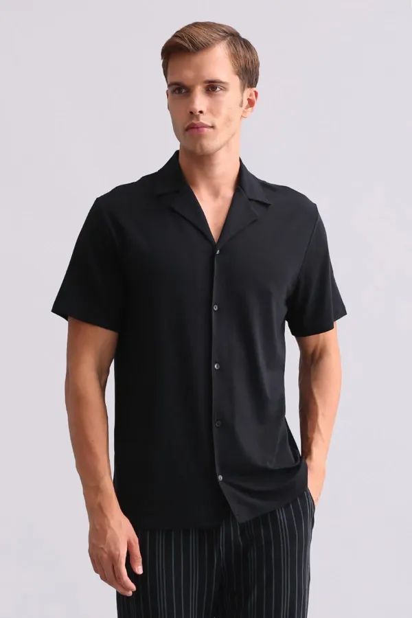 Chemise égyptienne pour homme en bambou à manches courtes noire