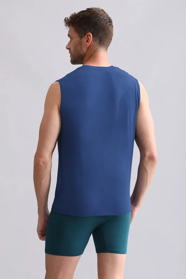 Débardeur/T-shirt de sport bleu marine à col en V, coupe classique, en bambou égyptien ZEUS