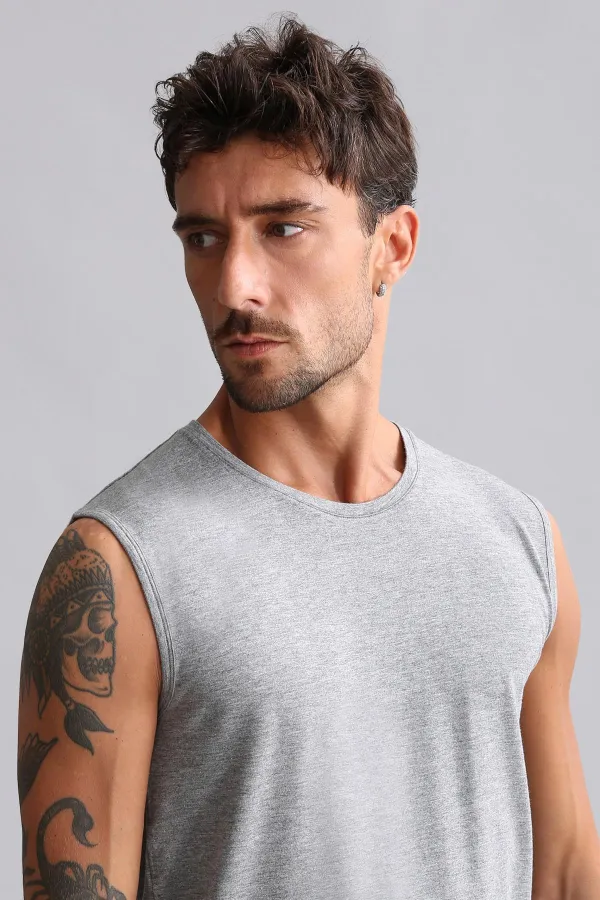 Débardeur/T-shirt de sport gris chiné à col rond, coupe ajustée, en bambou égyptien Hercules