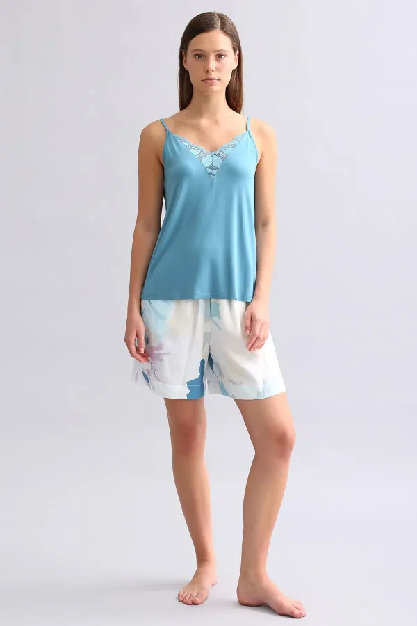 Viskon Aurora Desenli Dokuma Midi Şort Lacivert