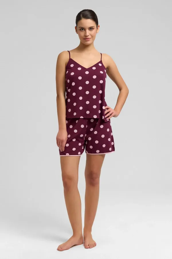 Mısırlı Kadın Modal Puantiyeli İp Askılı Şort Takımı Bordo