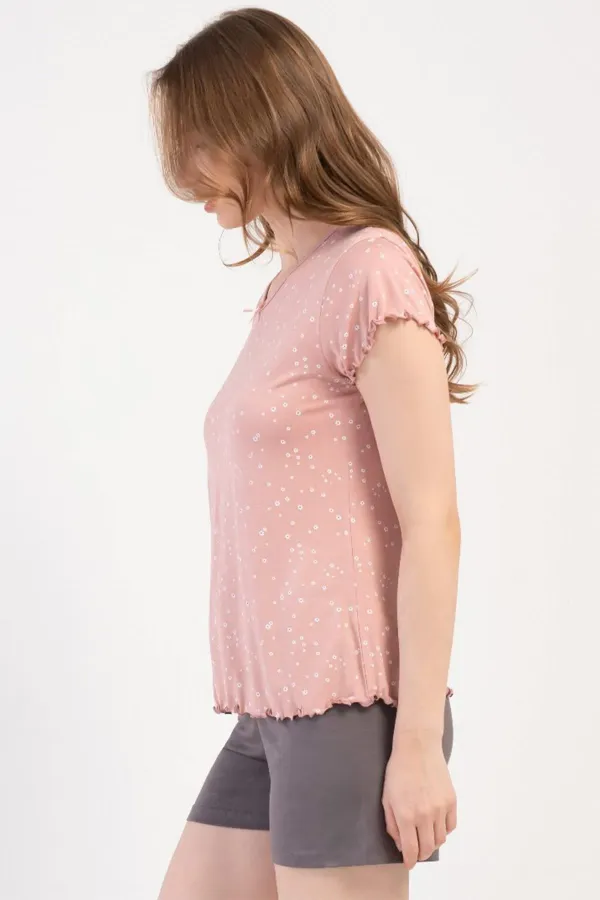Mısırlı Kadın Viskon Kısa Kollu Şort Pijama Takımı Toz Pembe