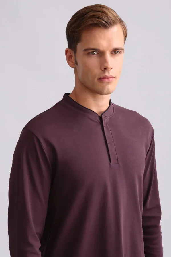 Mısırlı Men's Cotton Long-Sleeve Mandarin Collar Pajama Set Burgundy