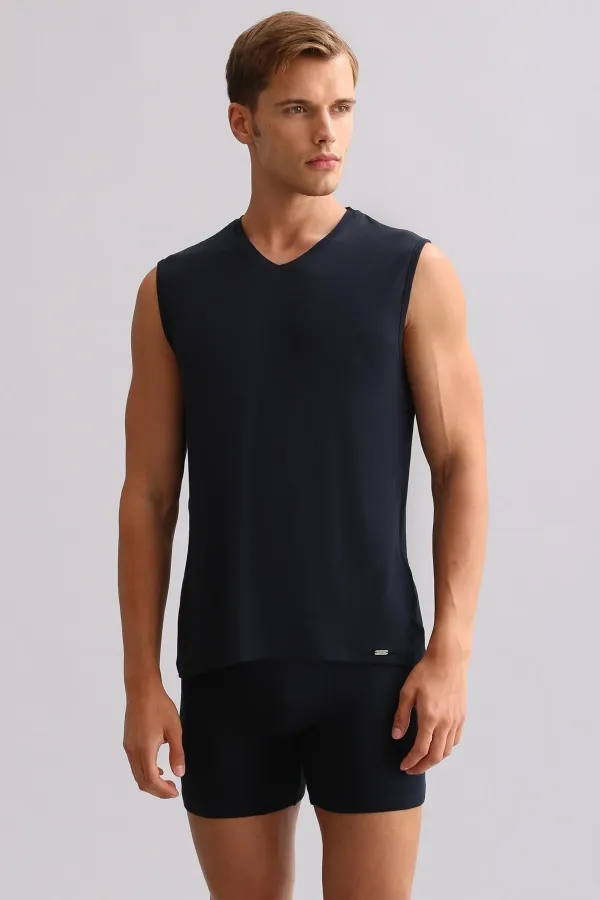 Mısırlı BAMBOO ZEUS LUXURY Regular Fit V-Neck Athletic Tank Top/T-Shirt Navy Blue