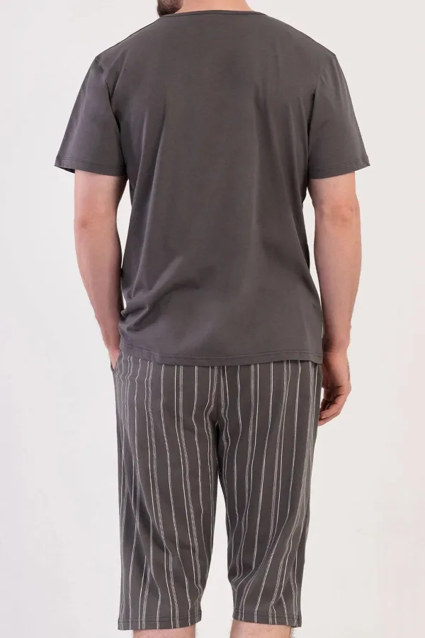 Mısırlı Erkek Pamuklu Çizgili Kısa Kollu Kapri Takım Füme