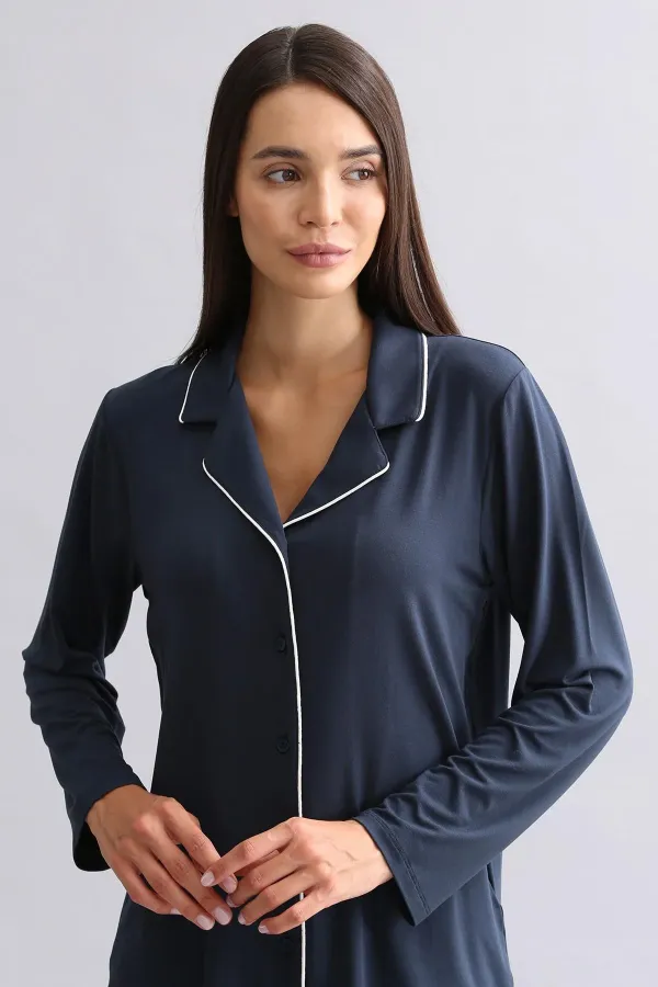 Mısırlı Kadın Modal Uzun Kollu Gömlek Gece Mavisi