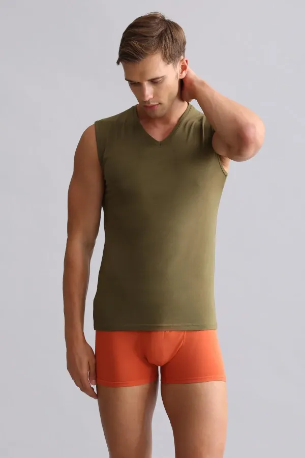 Mısırlı Modal By TENCEL HERCULES Slim Fit V Yaka Sporcu Atlet / T-Shirt Koyu Haki