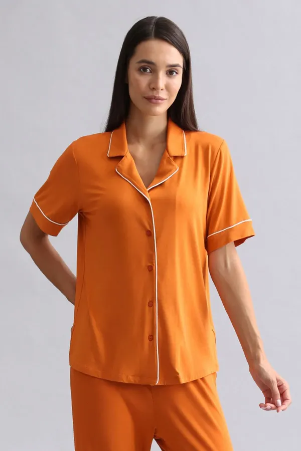 Mısırlı Kadın Modal Kısa Kollu Gömlek Pas Kırmızı