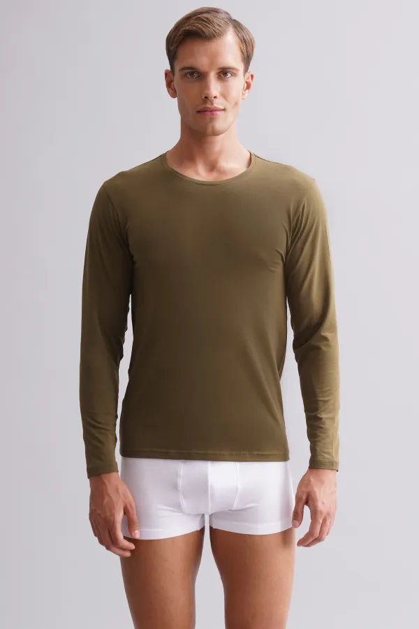 BAMBU HERCULES Slim Fit Crew Neck Long Sleeve Men's Undershirt Dark Khaki