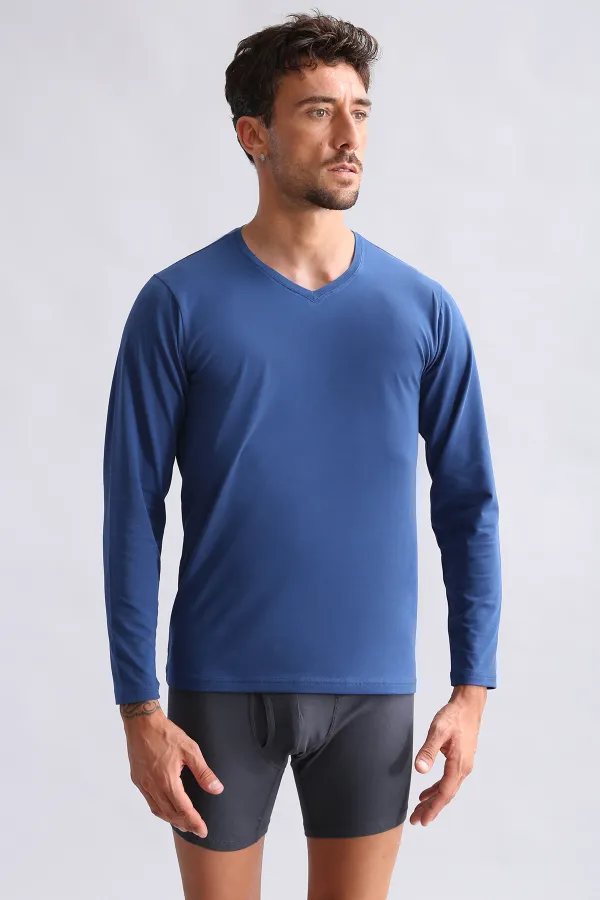 BAMBU HERCULES Slim Fit V Yaka Uzun Kollu Erkek  Fanila Gece Mavisi