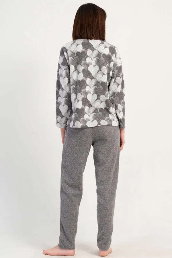 Mısırlı Kadın İnterlok Kalp Desenli Uzun Kollu Pijama Takımı Gri Melanj
