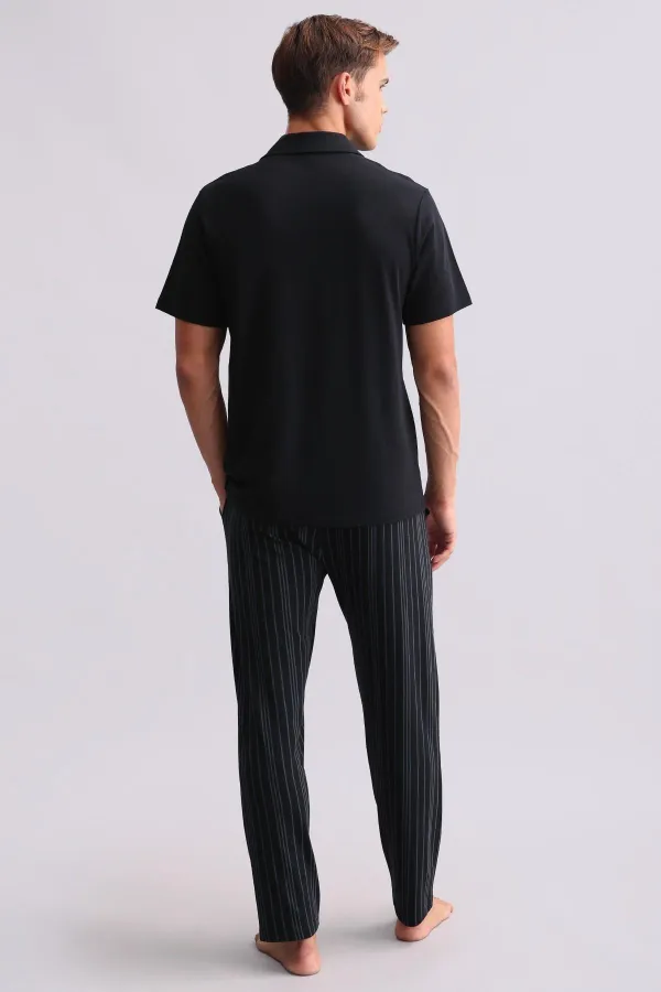 Chemise égyptienne pour homme en bambou à manches courtes noire