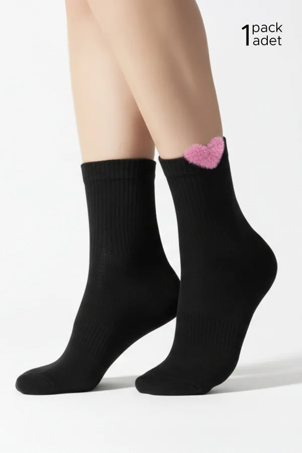 Kadın Pamuklu Kalpli 4 Çift Kısa Konç Çorap Siyah