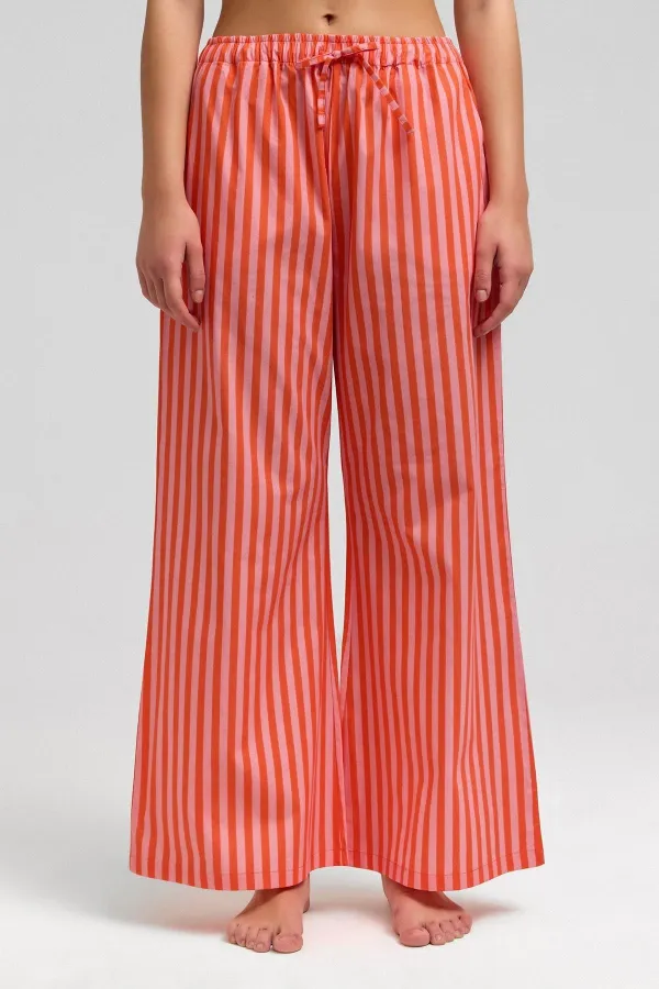 Mısırlı Kadın Pamuklu Poplin Çizgili Pijama Altı / Pantolon Turuncu-Pembe