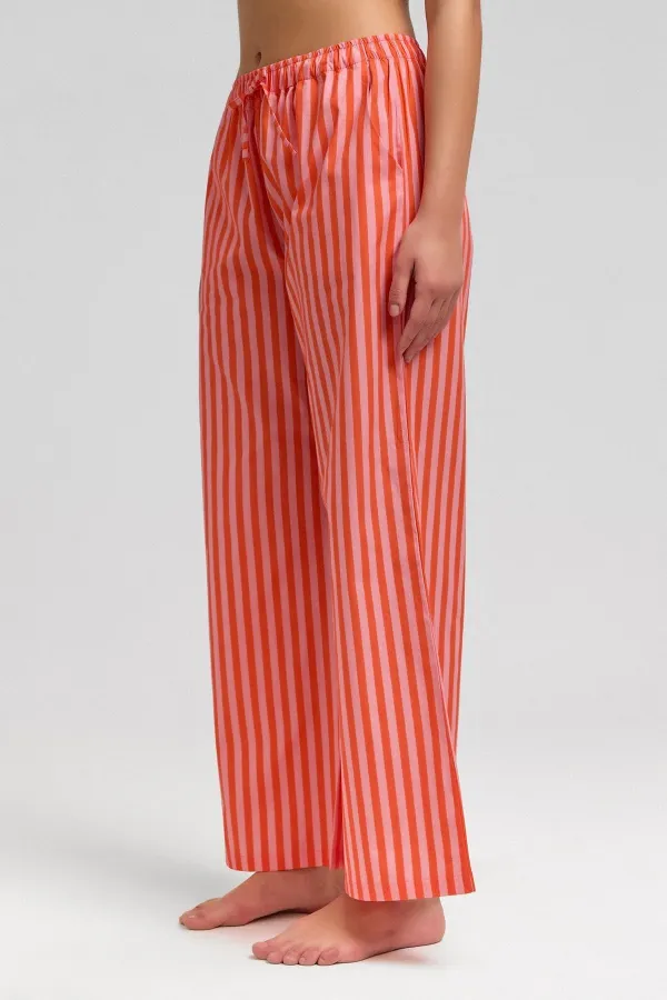 Mısırlı Kadın Pamuklu Poplin Çizgili Pijama Altı / Pantolon Turuncu-Pembe