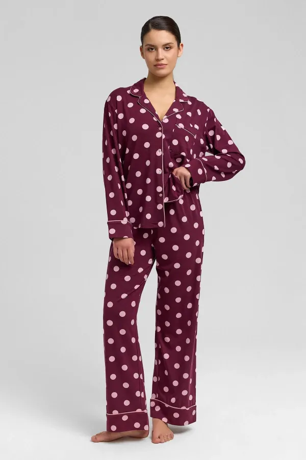 Mısırlı Women's Modal Polka Dot Pajama Set Burgundy