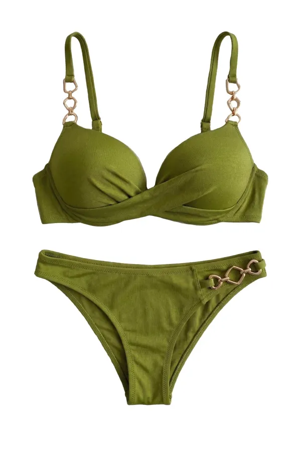 Mısırlı Zincir Detaylı Double Dolgulu Bikini Takım Çağla Yeşili
