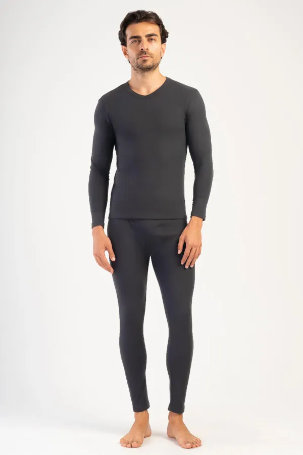 Ensemble de sous-vêtements pour homme, col en V, manches longues, gris foncé