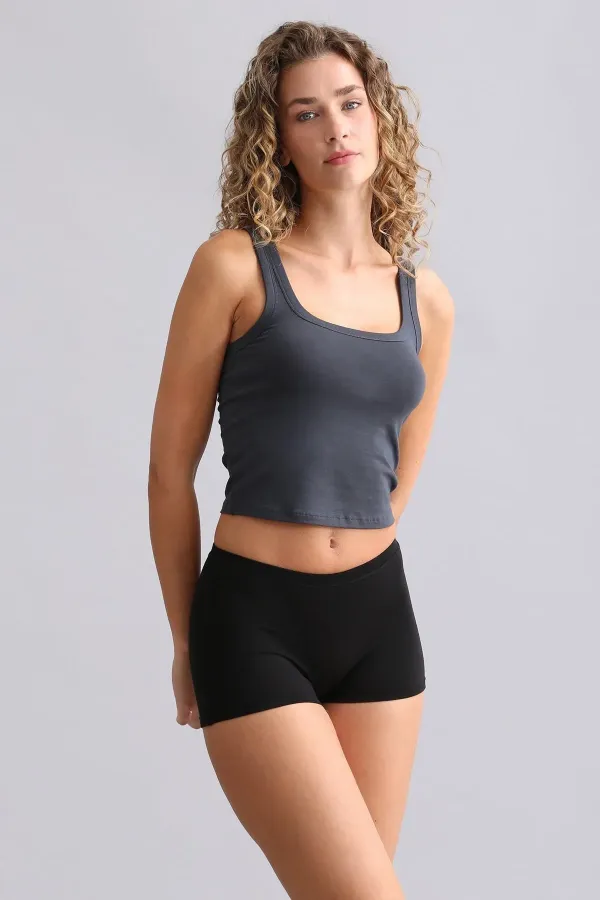 Mısırlı Modal By TENCEL U HELEN Kalın Askılı Crop / T-Shirt Antrasit