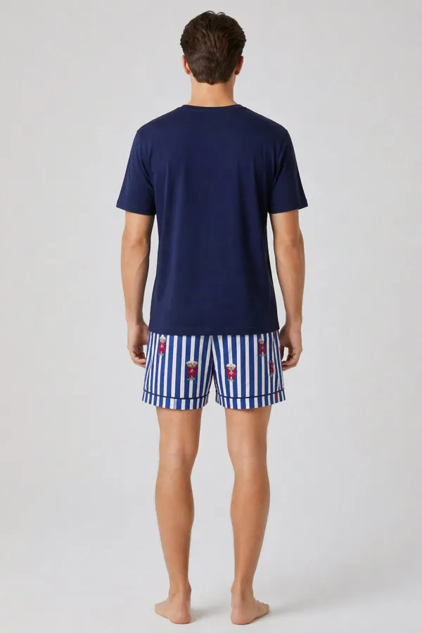 Erkek Pamuklu Ayıcık Desen Bisiklet Yaka Sort Takım Lacivert