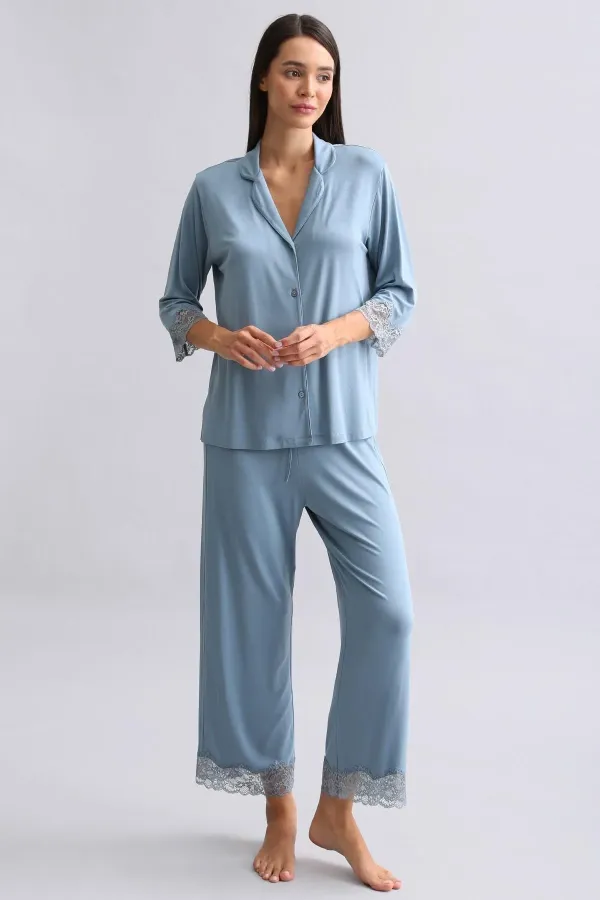 Mısırlı Kadın Bambu Pijama Takımı Petrol Mavisi