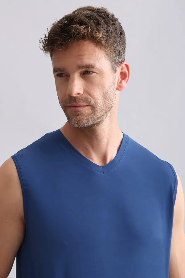 Débardeur/T-shirt de sport bleu marine à col en V, coupe classique, en bambou égyptien ZEUS