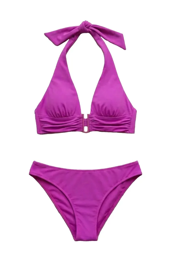 Mısırlı Aksesuarlı Uzun Üçgen Bikini Takım Fuşya