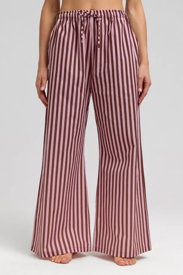 Pantalon de pyjama rayé en popeline de coton pour femme, marron et rose, style égyptien.