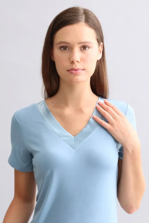 Mısırlı Kadın Saten T-Shirt Şort Takım Petrol Mavi