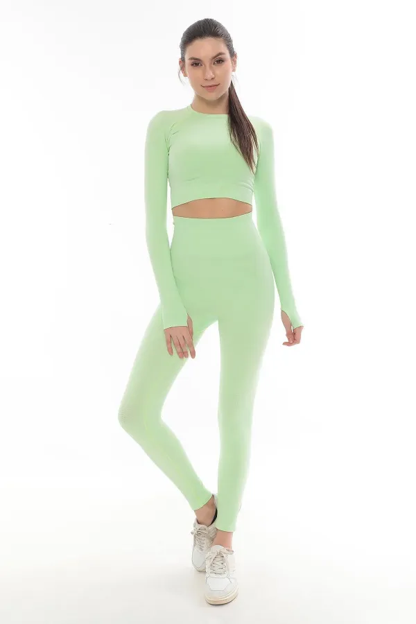 Mısırlı Kadın Uzun Kollu Spor Tayt Takımı Fıstık Yeşili