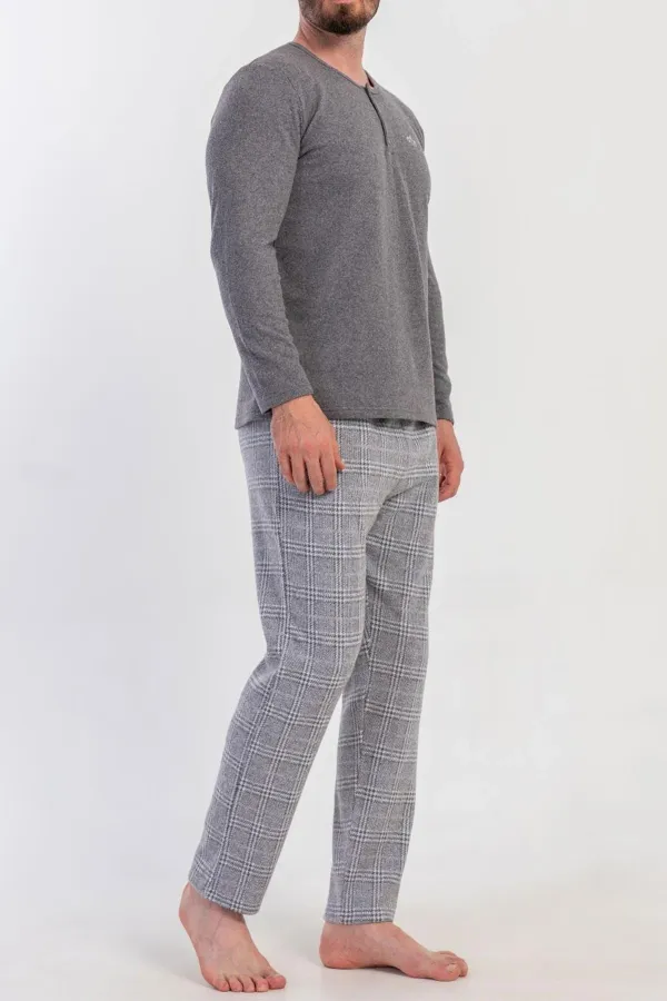 Ensemble de pyjama à manches longues pour homme, en maille interlock à carreaux, gris, de style égyptien