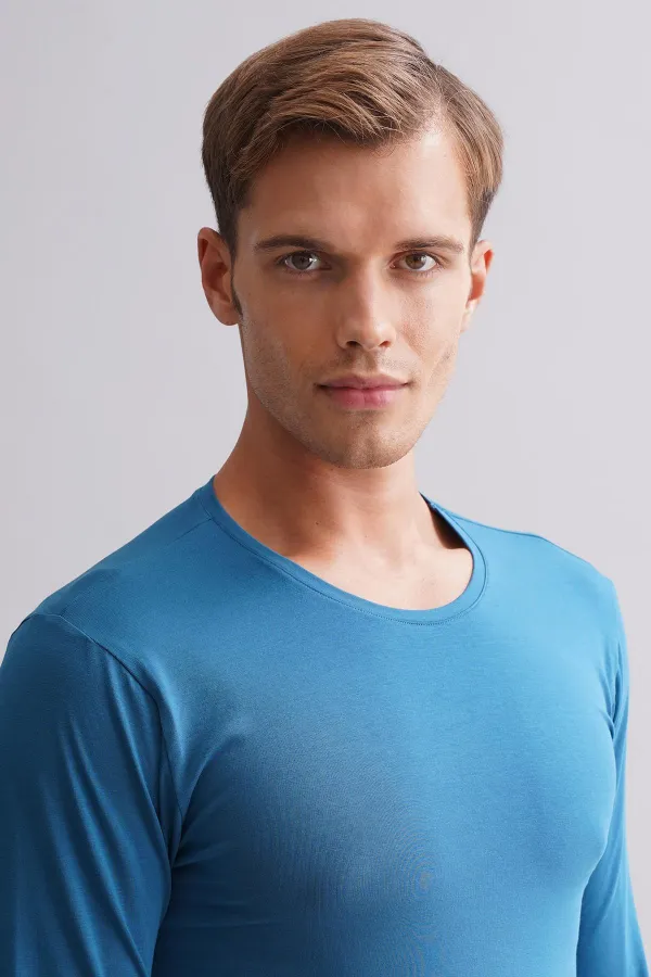 Mısırlı Modal By TENCEL HERCULES Slim Fit Bisiklet Yaka Uzun Kollu Fanila / T-Shirt Petrol Mavisi