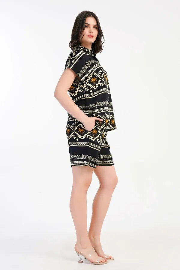 Mısırlı Kadın Viskon Dokuma Desenli Gömlek Şort Takım Siyah